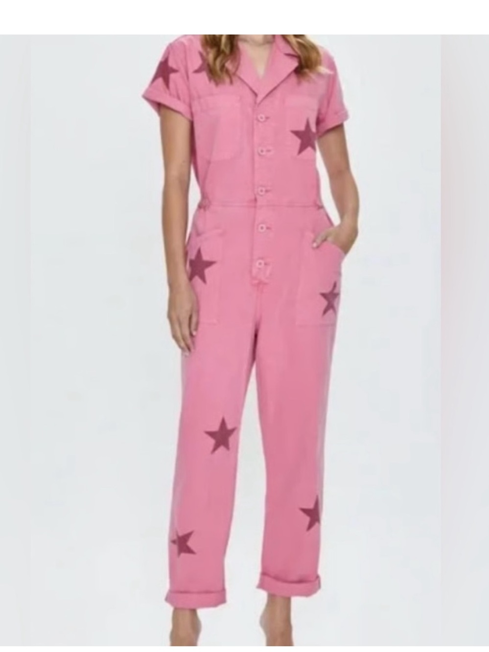 Pistola Star Royal Flamingo Pink Grover Short Sleeve Utility Jumpsuit Sz S NWT